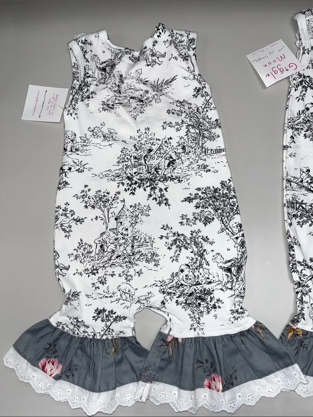 Giggle Moon White Black Toile Romper with Pink Yoke